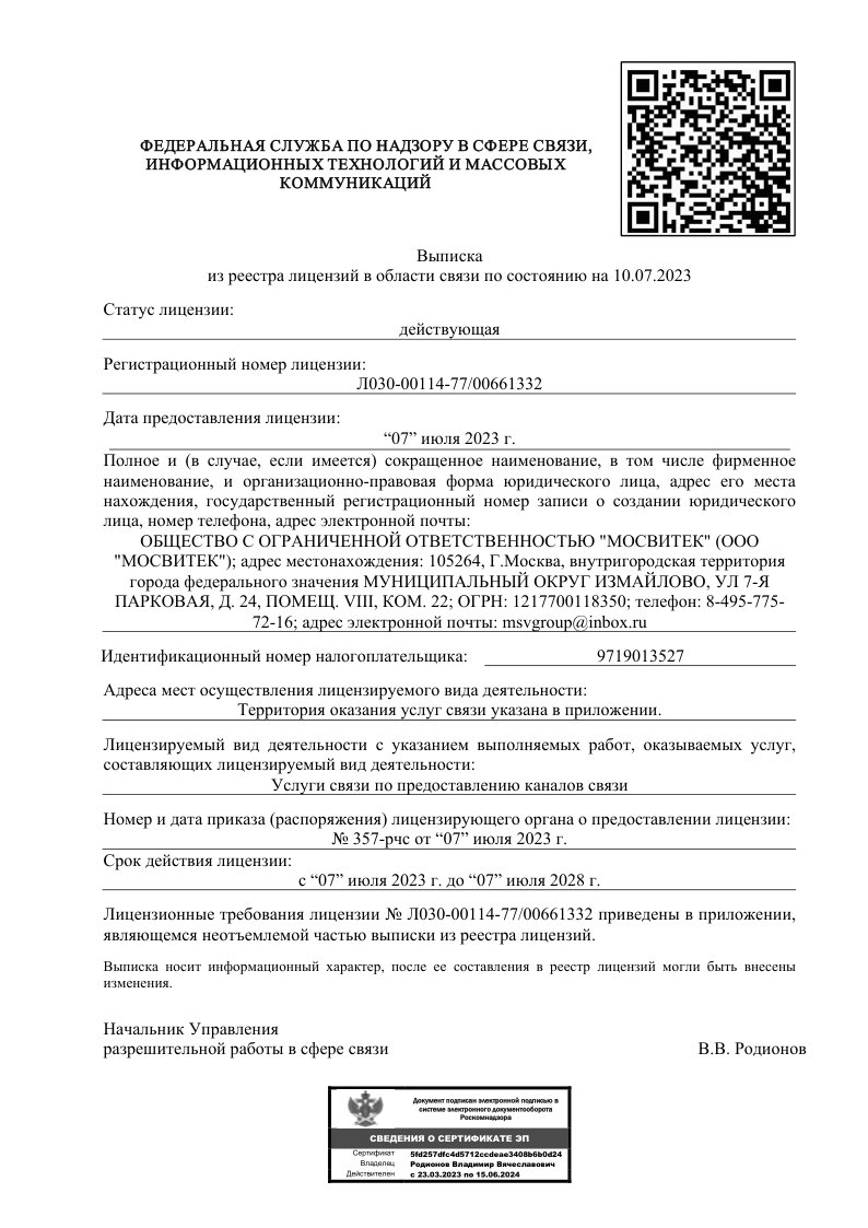 Выписка из реестра лицензий